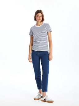 Bisiklet Yaka ?izgili K?sa Kollu Kad?n Ti??rt