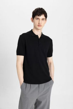 Slim Fit Dar Kesim K?sa Kollu Basic Duz Triko Polo Tisort