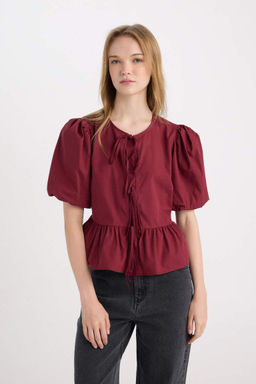 Женская поплиновая блузка с короткими рукавами и круглым вырезом стандартного кроя с завязками спереди - Defacto фото 4