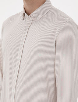 Bej Slim Fit _izgili Uzun Kollu G_mlek