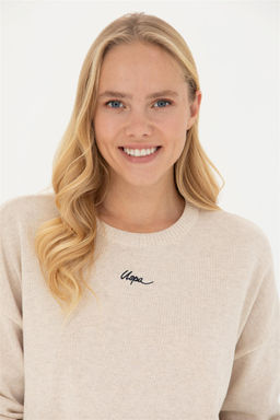 Женский кремовый меланжевый свитер с v-образным вырезом - U.s. polo assn фото 2