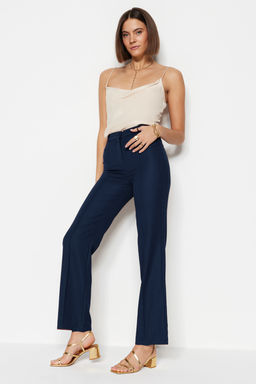 Lacivert Straight/Duz Kesim Yuksek Bel Nervur Dikisli Dokuma Pantolon TWOSS21PL0093