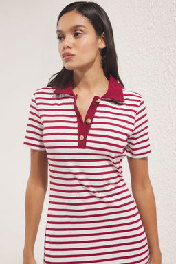 Bordo Cizgili Polo Yaka Midi Esnek Orme Elbise TWOSS25EL00360