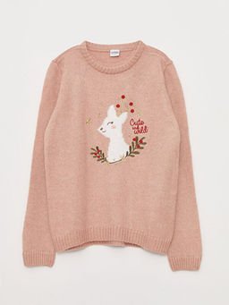 Bisiklet Yaka Desenli Uzun Kollu K?z ?ocuk Triko Kazak