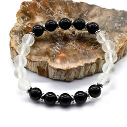 Мужской браслет с мантрой из агата черного и хрусталя шарик 10мм, 19см Радуга камня