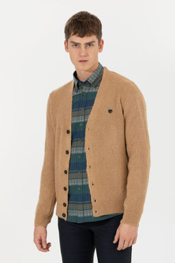 U. S. Polo Assn Мужской кардиган из меланжевого трикотажа светло-коричневого цвета - U.s. polo assn фото 2