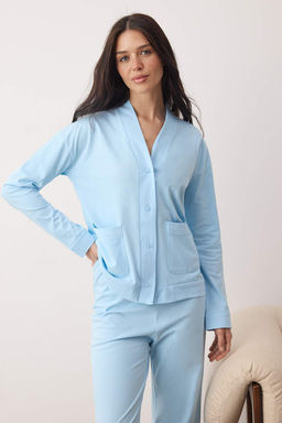 Mavi %100 Pamuklu Cep ve Mansetli Orme Pijama Tak?m? THMAW26PT00230 - Trendyolmilla фото 2