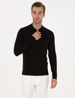 Siyah Regular Fit Pamuk Kar___ml_ Fermuarl_ Polo Yaka Basic Triko Kazak - Cacharel фото 3