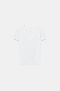 CAMISETA INTERLOCK CUELLO PICO / Blanco - Zara фото 4