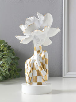 Бюст полистоун «Девушка с белым цветком, в клетчатом наряде», бело-золотой, 11×11×20 см