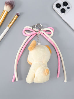 Брелок текстиль "Милый щенок с бело-розовым бантиком" бежевый 5х9,5х20 см