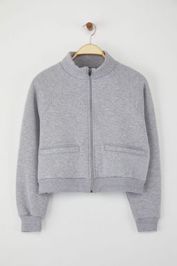 Gri Melanj Regular/Normal Kal?p Fermuarl? Dik Yaka Kal?n Ici Polarl? Orme Sweatshirt TWOAW26SW00017