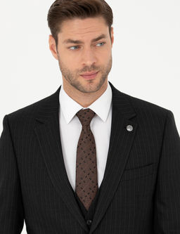 Siyah Slim Fit _izgili Yelekli Tak_m Elbise