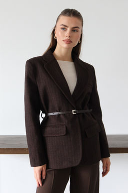 Kahverengi Kase Cizgili Kemerli Dokuma Blazer Ceket TWOAW26BC00072 - Trendyolmilla фото 5