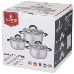 НАБОР КАСТРЮЛЬ AGNESS СО СТЕКЛ.КРЫШКАМИ 6ПР.1,7/2,6/3,5 Л. РАЗМЕР 16X9,5/18X11,5/20X12.5 СМ  фото 2