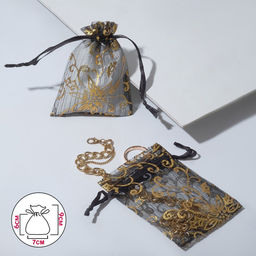 Цена за 100 шт. Мешочек подарочный «Цветочный орнамент», 7×9, чёрный с золотом