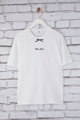 TRENDYOLMILLA Beyaz Nak?s ve Fiyonk Detayl? Oversize/Genis Kal?p Orme T-Shirt TWOSS25TS00118  фото 5