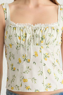 Trendyolmilla Ekru Ask?l? Limon Desenli Onu Buzgulu Crop Dokuma Bluz TWOSS25BZ00052  фото 2