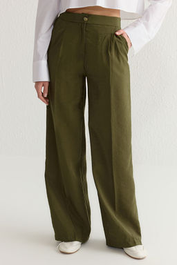 Haki Yumusak Tuseli Wide Leg/Genis Paca Dokuma Pantolon TWOSS25PL00004