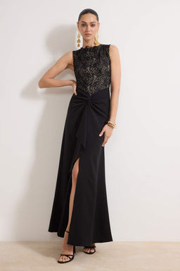 Siyah Dantel Detayl? Dokuma Maxi Abiye & Mezuniyet Elbisesi TPRSS26AE00003