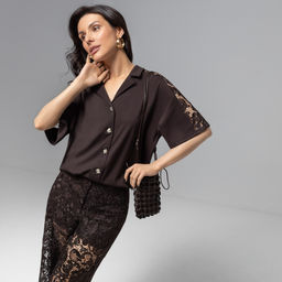 Рубашка комбинированный с кружевом, Стильное дежавю (горький шоколад) - Charutti фото 2