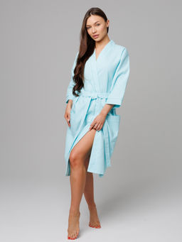 Женский укороченный вафельный халат с планкой мятный В-11 (19)