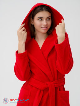 Махровый женский укороченный халат с капюшоном красный МЗ-01 (67)
