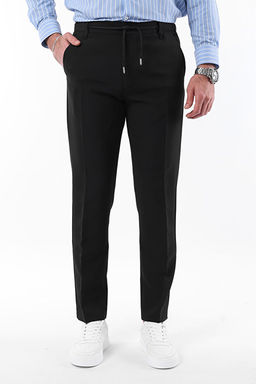 Siyah Slim Fit Beli Ba_lama Detayl_ Lastikli Kuma_ Dokuma Pantolon TMNAW25PL00027