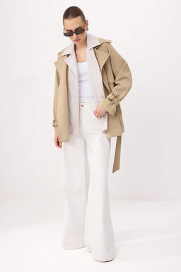 Bej Cizgili Gomlek Yaka Detayl? Kruvaze Kapama Midi Trenckot TWOSS26TR00005 - Trendyolmilla фото 2