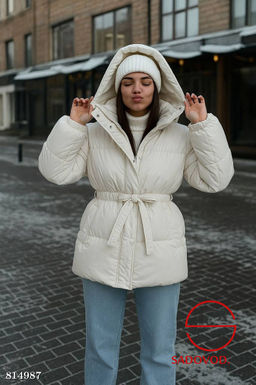 Тёплая зимняя куртка-пуховик с поясом и капюшоном