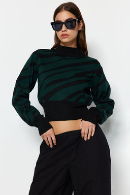 Zumrut Yesili Zebra Desenli Crop Triko Kazak TWOAW21KZ0010
