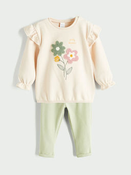 Bisiklet Yaka ?i?ekli K?z Bebek Sweatshirt ve Tayt 2li