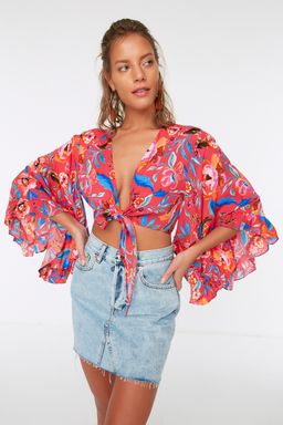 Cicek Desenli Dokuma Volanl? Plaj Crop Bluz TBESS19BB0095