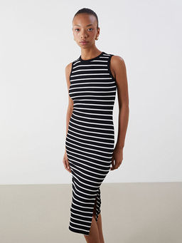 Bisiklet Yaka ?izgili Bodycon Elbise