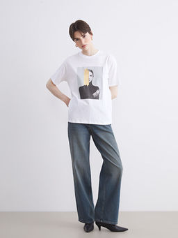 Bisiklet Yaka Bask?l? Oversize Kad?n Ti??rt