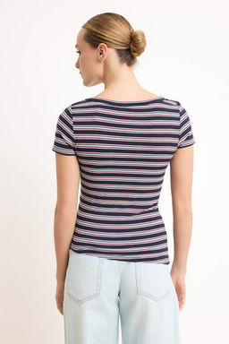 Lacivert Cizgili Fitted/Vucuda Oturan K?sa Kollu Buzgulu Fitilli Esnek Orme Bluz TWOSS26BZ00377