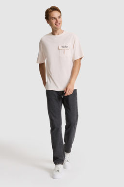 Erkek Krem Comfort Fit Bisiklet Yaka Ti__rt