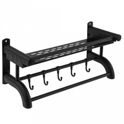 Полка для ванной металлическая "Стелла" 40х15х15см, 4 крючка, 1 перекладина, с перфорацией, настенная, сверление - с комплектующими; окрашенная, черный, в коробке (Китай)