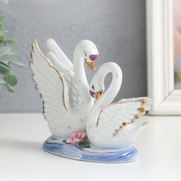 Фигурка керамика «Лебедь с лебёдушкой в пруду, в горошек», 10 см
