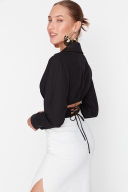 Siyah Crop Astarl? Korse Detayl? Dokuma Poplin Gomlek TPRAW23GO00004
