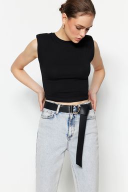 Siyah Vatkal? Fitted/Vucuda Oturan Bisiklet Yaka Crop Esnek Orme Bluz TWOSS23BZ00251