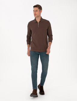 Koyu Kahverengi Slim Fit K_vr_lmaz Fermuarl_ Polo Yaka Basic Pike Sweatshirt - Pierre cardin фото 4