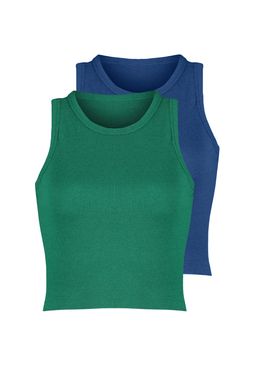 Lacivert-Yesil 2li Paket Fitted/Vucuda Oturan Crop Halter Yaka Fitilli Orme Atlet TWOSS21AL0058