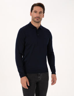 Lacivert Slim Fit Y_n Kar___ml_ Polo Yaka Basic Triko Kazak