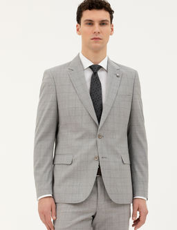 Gri Slim Fit %100 Y_n Ekose Tak_m Elbise