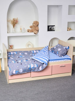 Постельное белье детское поплин с простыней на резинке - Мишки, цвет синий 145*112; 80*160*20; 40*60