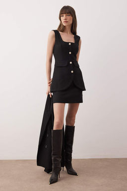 Siyah Duz Premium Tuvit Kumas Dugme Detayl? K?sa/ Mini Dokuma Elbise TWOAW26EL00321