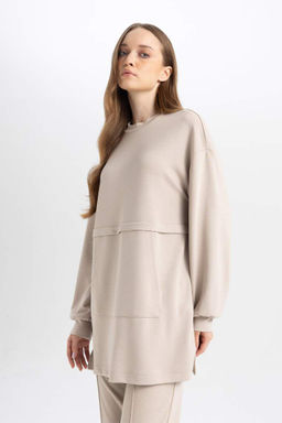Толстовка-туника стандартного кроя с круглым вырезом - Defacto фото 4