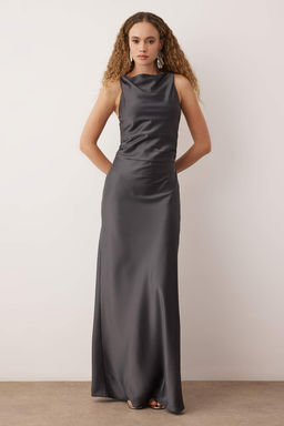 TRENDYOLMILLA Yag Yesili Vucuda Oturan Saten Dokuma Maxi Abiye & Mezuniyet Elbise TPRSS25AE00066  фото 35
