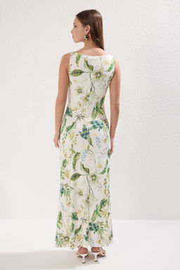 Ekru Cicek Bask?l? Parlak Yuzeyli Kay?k Kaya Vucuda Oturan Esnek Orme Kalem Elbise TWOSS24EL00528